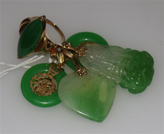 A group of Chinese jadeite jewellery including pendants and ring.